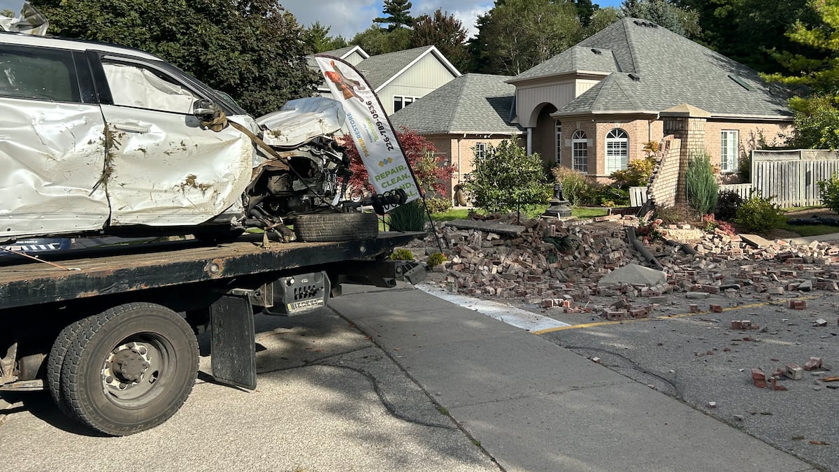 Car destroys brick structure in Kitchener crash