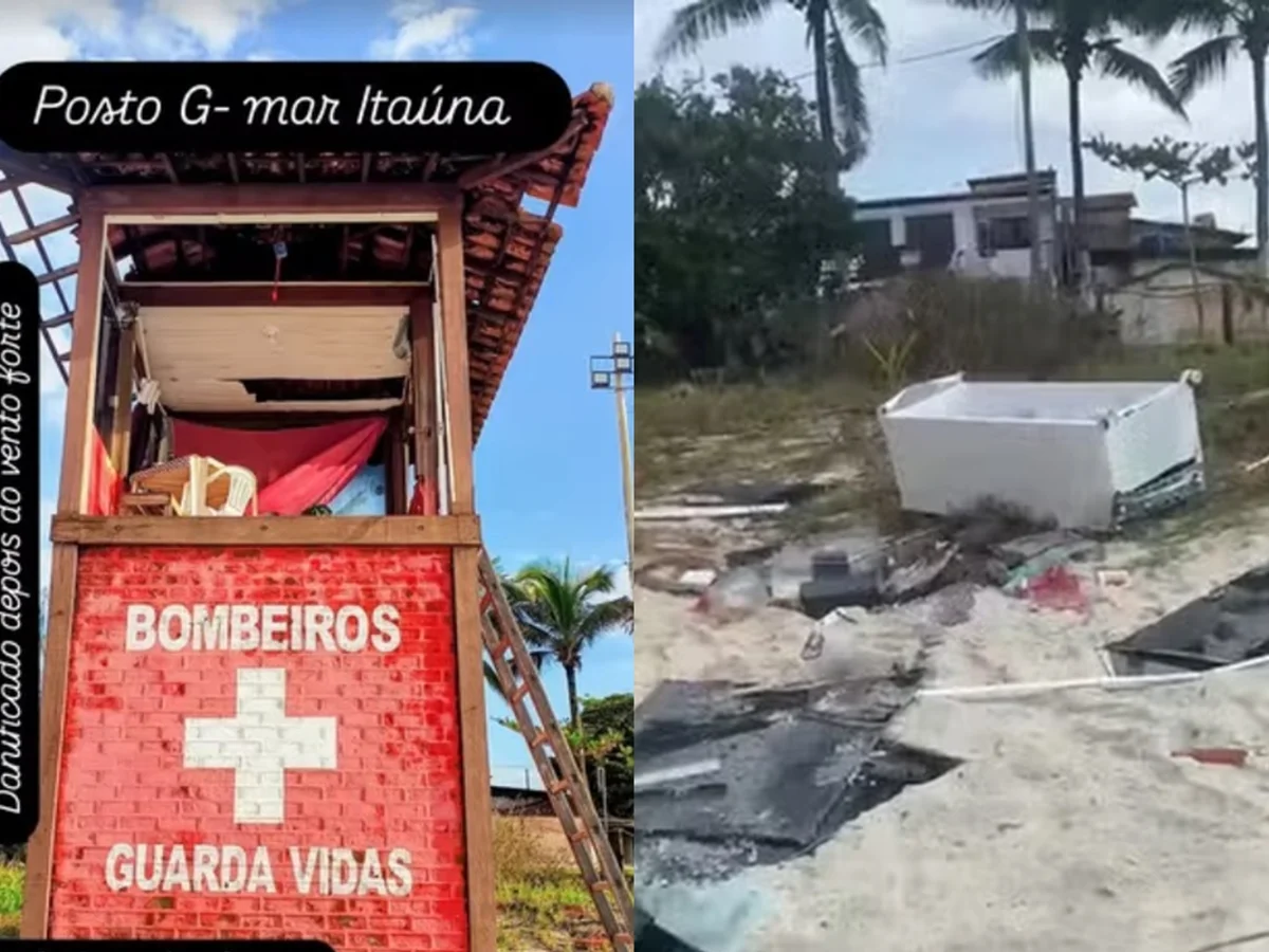 Ventania causa estragos e derruba geladeira de posto de guarda-vidas no RJ