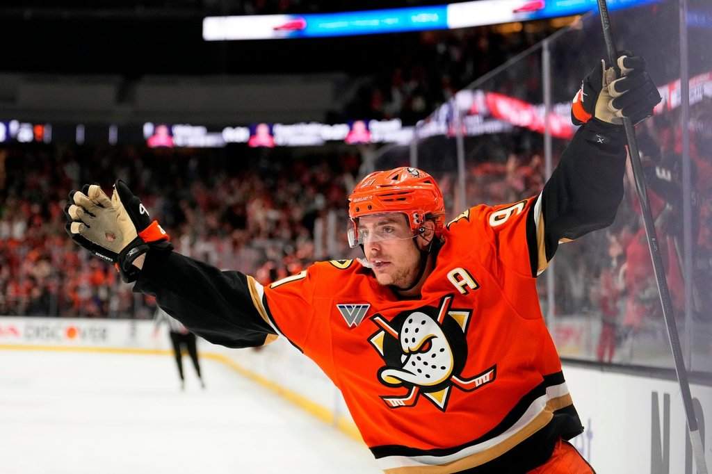 Ducks centre Leo Carlsson celebrates his empty net goal against the Edmonton Oilers in Anaheim, Calif., on April 30, 2026. (AP Photo/Mark J. Terrill, File)