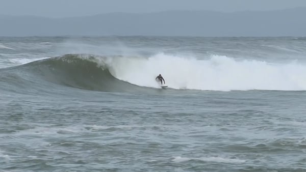 A competitor surfs in Bundoran