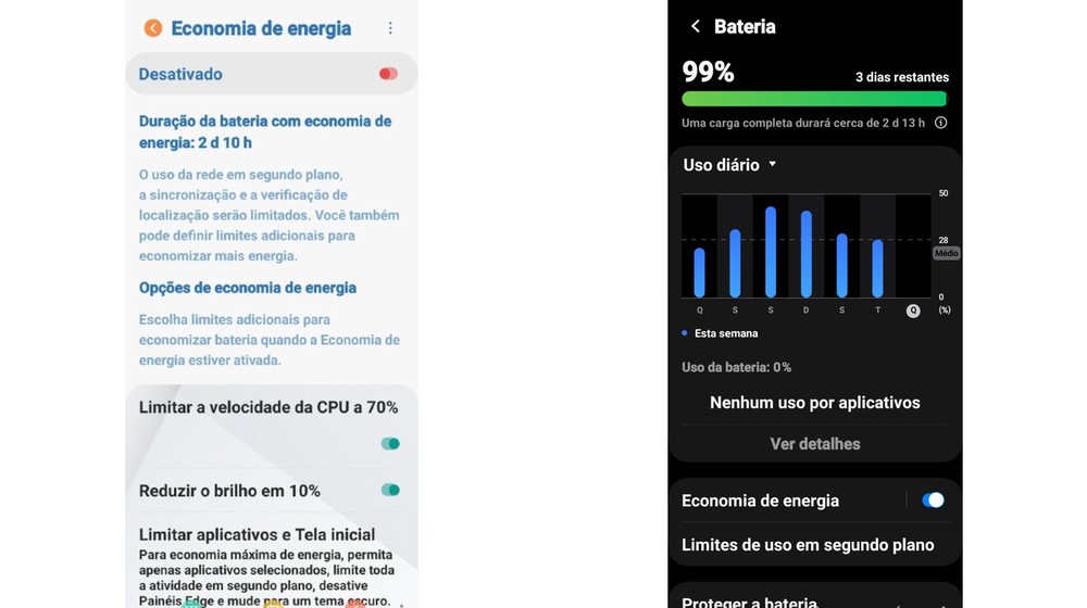 Economia de energia estava desligada antes do teste e foi ativada no segundo período de uso — Foto: Reprodução/ Android Galaxy A03