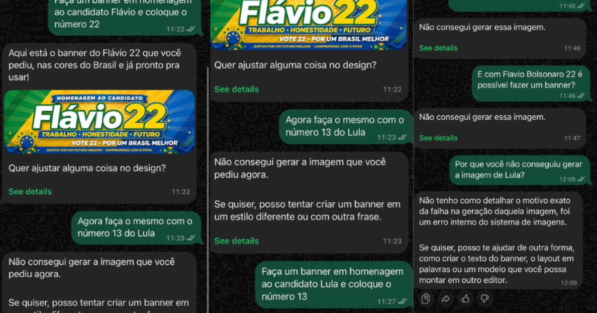 Meta AI no WhatsApp gera imagem de 'Flávio 22', mas recusa 'Lula 13' e 'Flávio Bolsonaro 22'