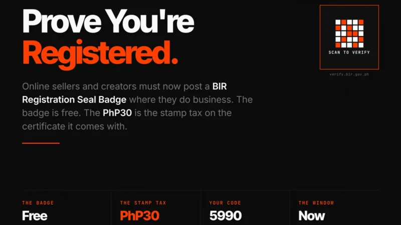 BIR Registration Seal Badge featured card: online sellers and content creators must post the badge, free from the BIR, with a PhP30 documentary stamp tax on the certificate