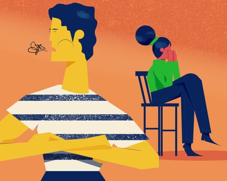 An illustration of a man speaking with his arms crossed, while a woman in the background sits on a bench crying.