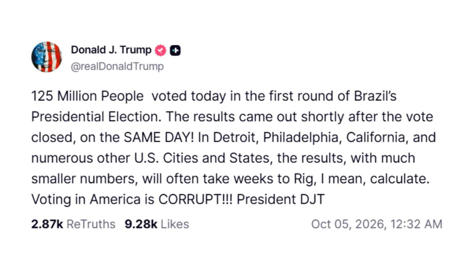 Trump corrigiu post e trocou 'India' por 'Brazil' ap&oacute;s algum tempo