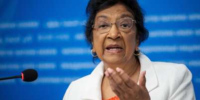 A juíza sul-africana Navi Pillay durante uma coletiva de imprensa em Genebra, em 16 de setembro de 2025. Foto: © AFP/Fabrice Coffrini / RFI