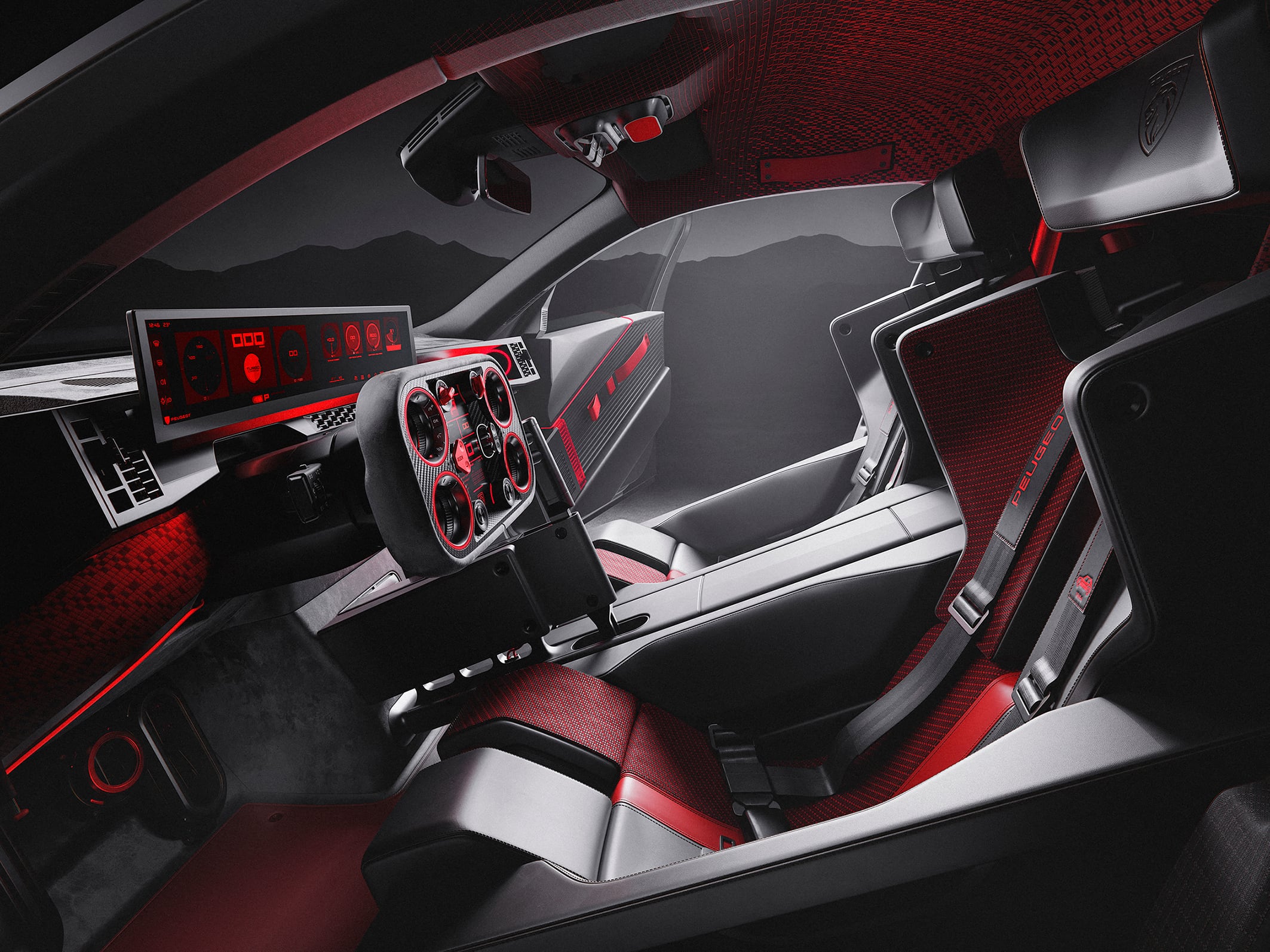 The bucket seats have carbon-fibre shells, pronounced side bolsters and upholstery combining technical fabric with Pelinova recycled leather. Picture: Peugeot