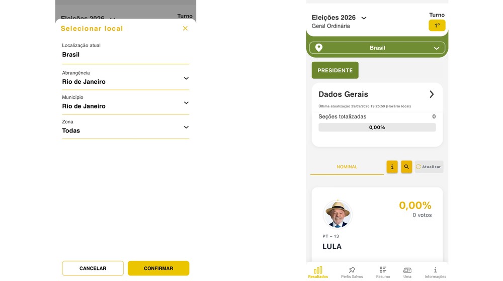 App permite escolher o local da consulta e conferir os votos recebidos pelos candidatos — Foto: Reprodução/Resultados
