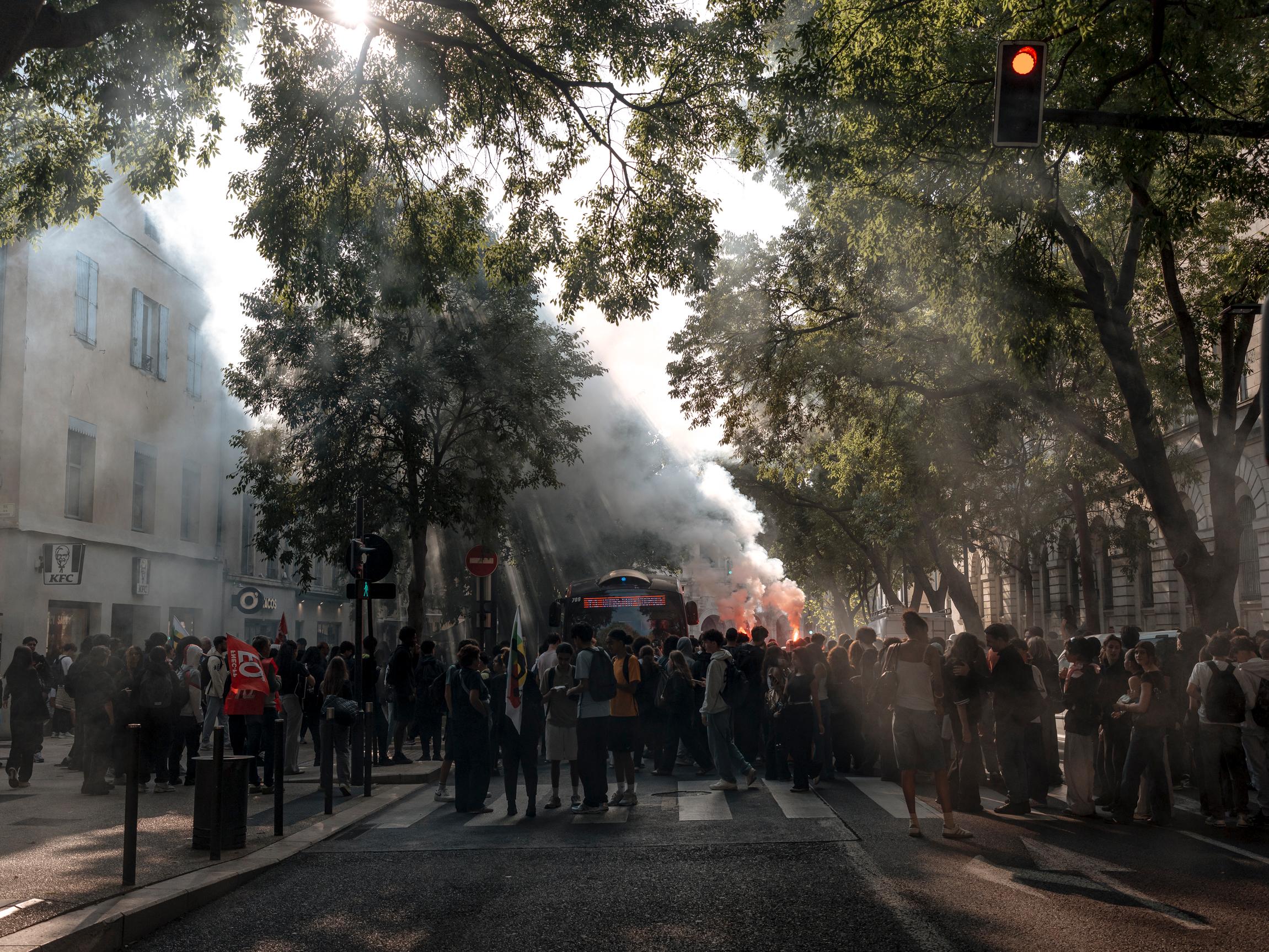 High schoolers protesting in front of the Alphonse Daudet high school in Nîmes, France, on October 6, 2026.
