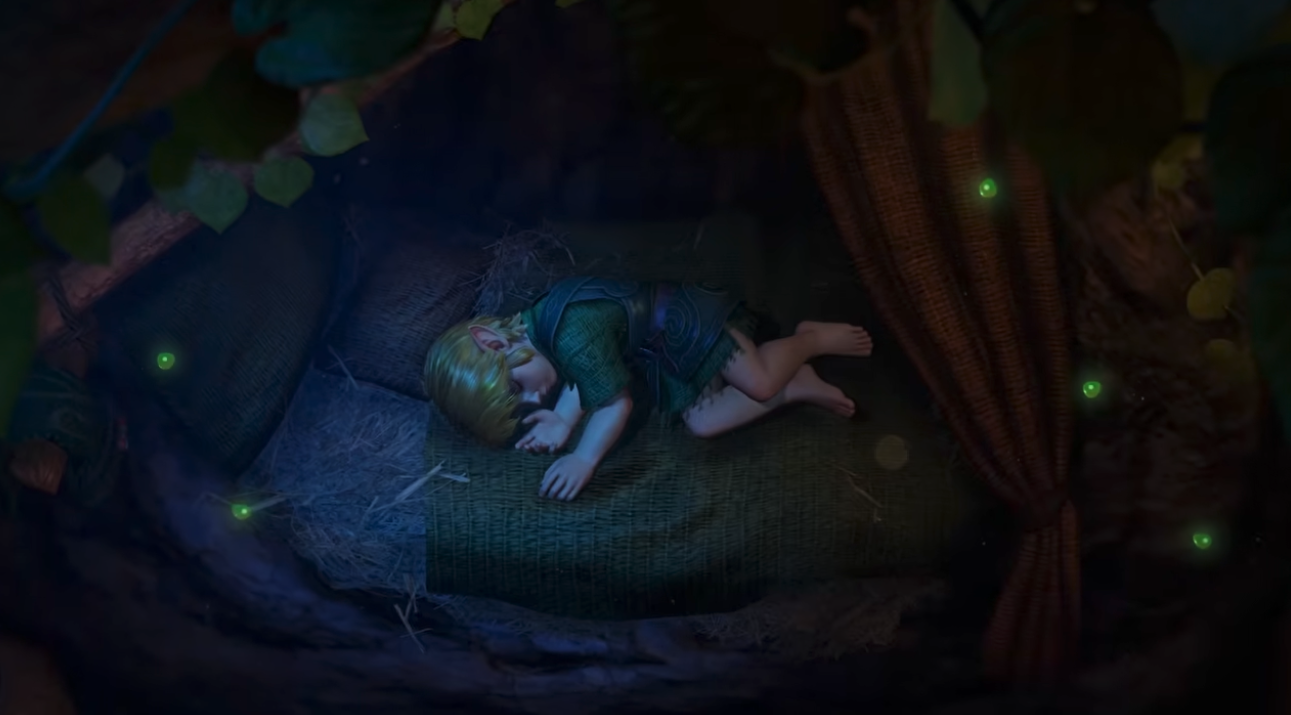 Link is sleeping as the camera floats above him