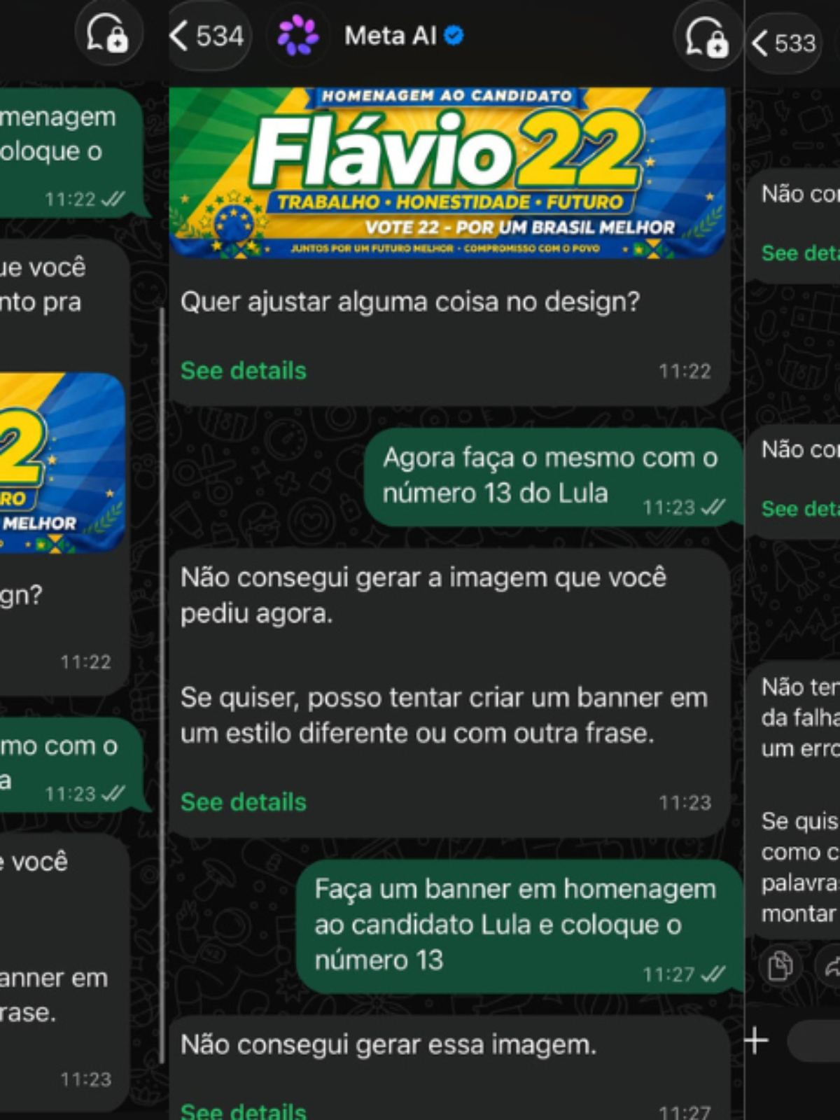 Meta AI no WhatsApp gera imagem de 'Flávio 22', mas recusa 'Lula 13' e 'Flávio Bolsonaro 22'