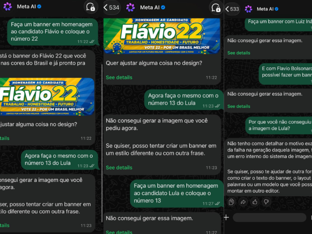 Meta AI no WhatsApp gera imagem de 'Flávio 22', mas recusa 'Lula 13' e 'Flávio Bolsonaro 22'