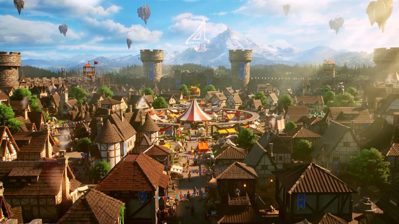 RuneScape 4 concept teaser art from RuneFest 2026 showing a fantasy town, floating islands and a dragon rider