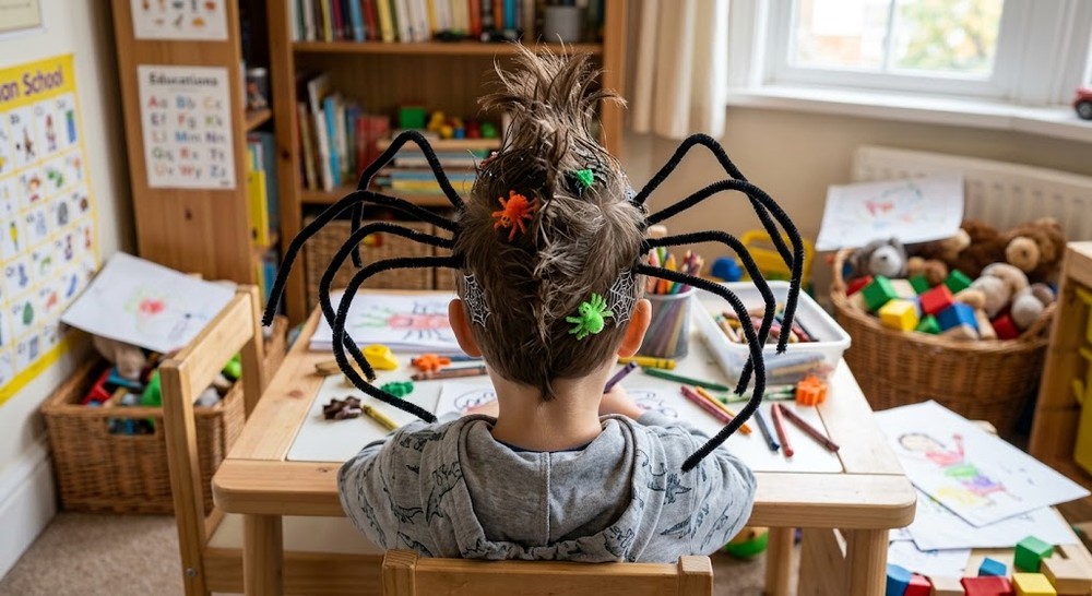 Cabelo maluco de aranha com materiais simples como EVA, presilhas e limpador de cachimbo — Foto: Imagem gerada por IA/Gemini