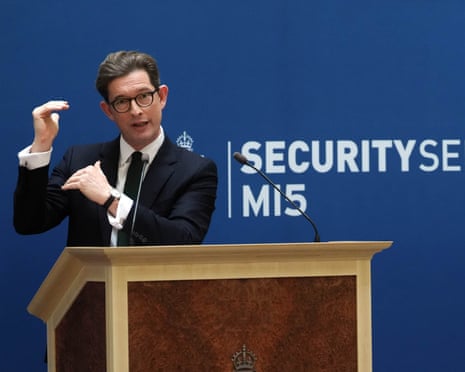 MI5 chief Ken McCallum speaks at a podium during his annual speech