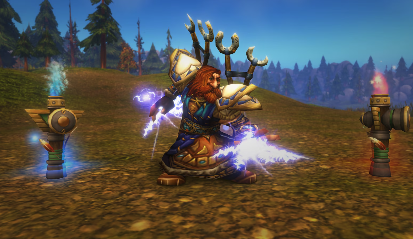 a dwarf shama prepares a magic attack with two totems at his sides