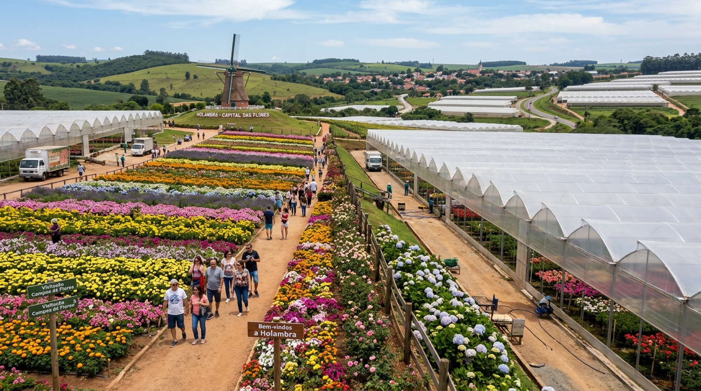 Um pedaço do interior paulista onde flores ocupam dezenas de quilômetros quadrados transformou estufas e lavouras em passeios turísticos durante praticamente o ano inteiro