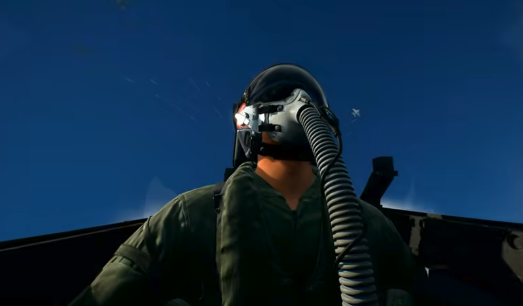 a screenshot of a fighter pilot in a jet looking up