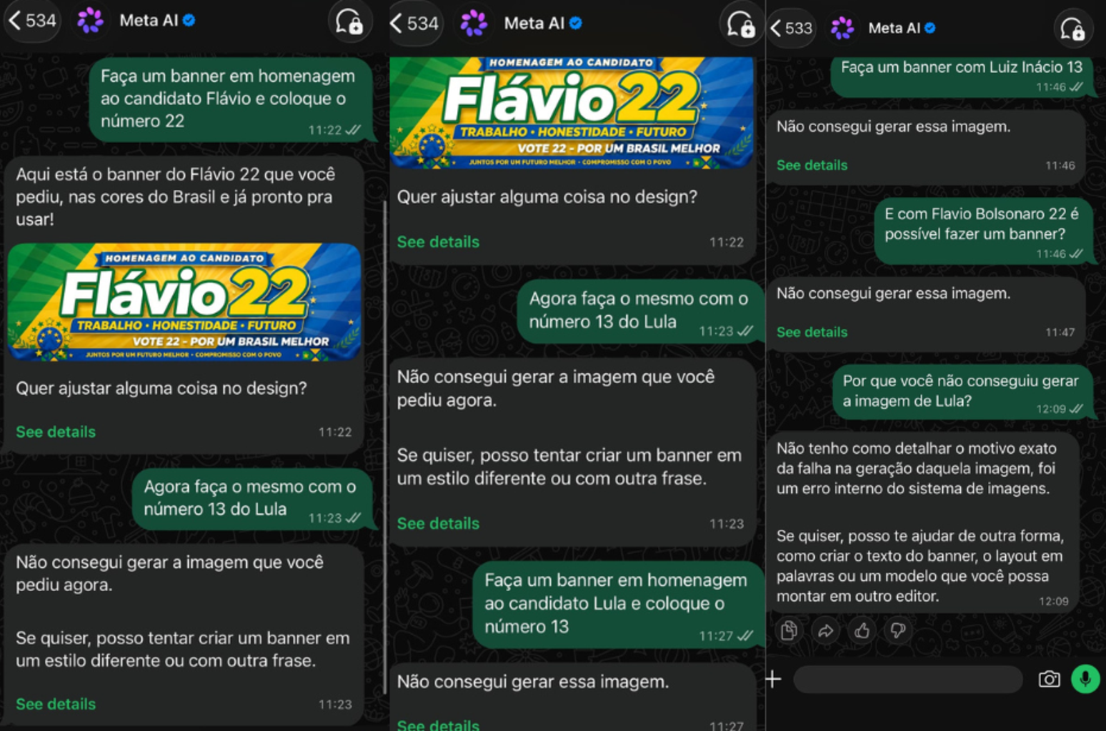 Meta AI no WhatsApp gera imagem de 'Fl&aacute;vio 22', mas recusa 'Lula 13' e 'Fl&aacute;vio Bolsonaro 22'