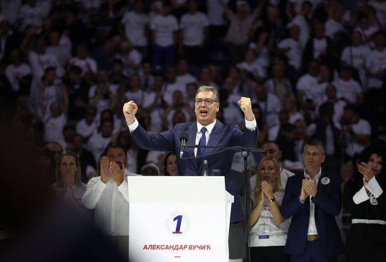 Serbia's former president Aleksandar Vucic gestures during a rally of the ruling Serbian Progressive Party (SNS) ahead of the parliamentary election in Belgrade, Serbia, October 3, 2026. REUTERS/Zorana Jevtic