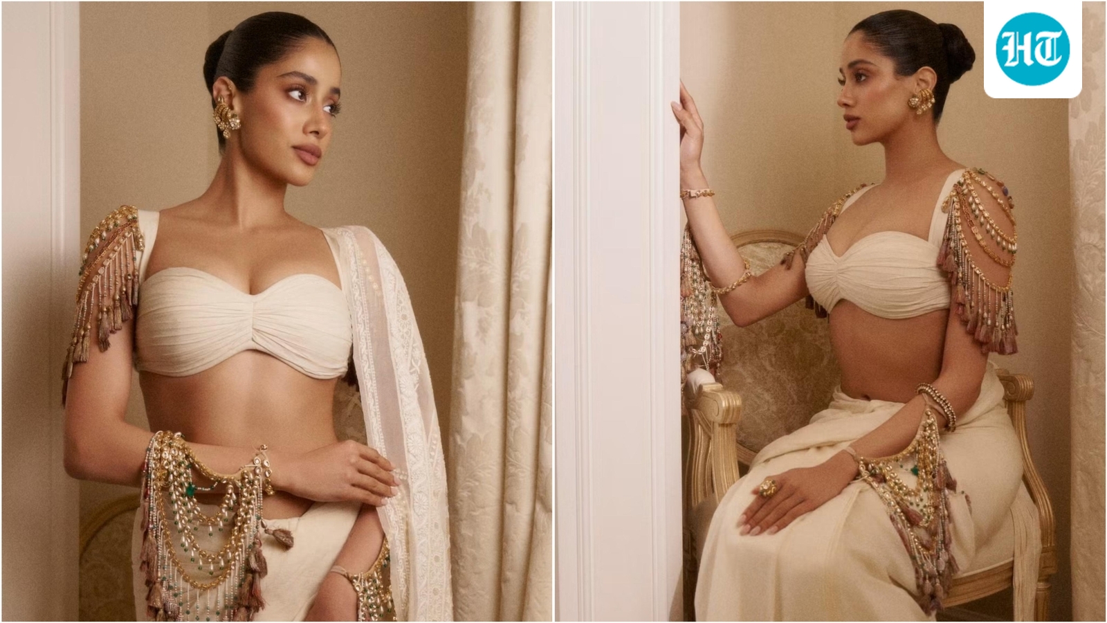 Janhvi Kapoor traz o glamour indiano codificado como apsara para Paris em sari de muslin marfim com 460 fios, blusa com mangas extravagantes semelhantes a joias. Veja as fotos
